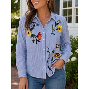 Talbots Floral Bird Embroidered Striped Shirt Womens Medium Button Down Cotton